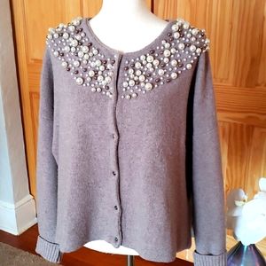 Anthropologie Moth Taupe/Beige Pearl Ebellished Cardigan Size M
